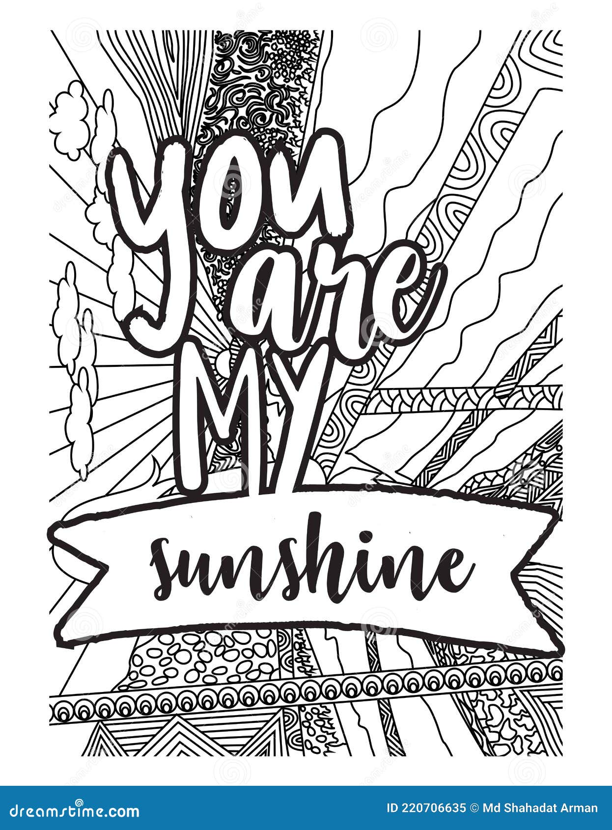 You are my sunsine motivational world coloring page design stock illustration