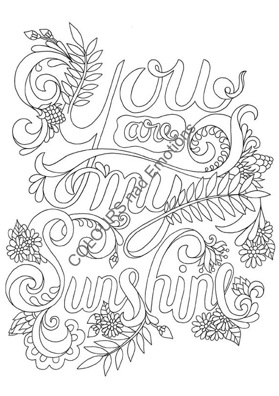 You are my sunshine coloring page adult coloring page affirmations quotes printable pdf instant downloadable pdf