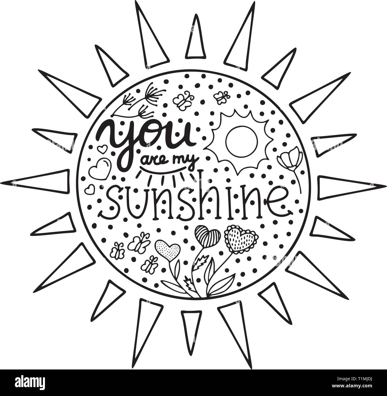 Lettering you are my sunshine hand drawn vector illustration brushpen hand lettering quote for vilentine day cards calligraphic inscription vecto stock vector image art