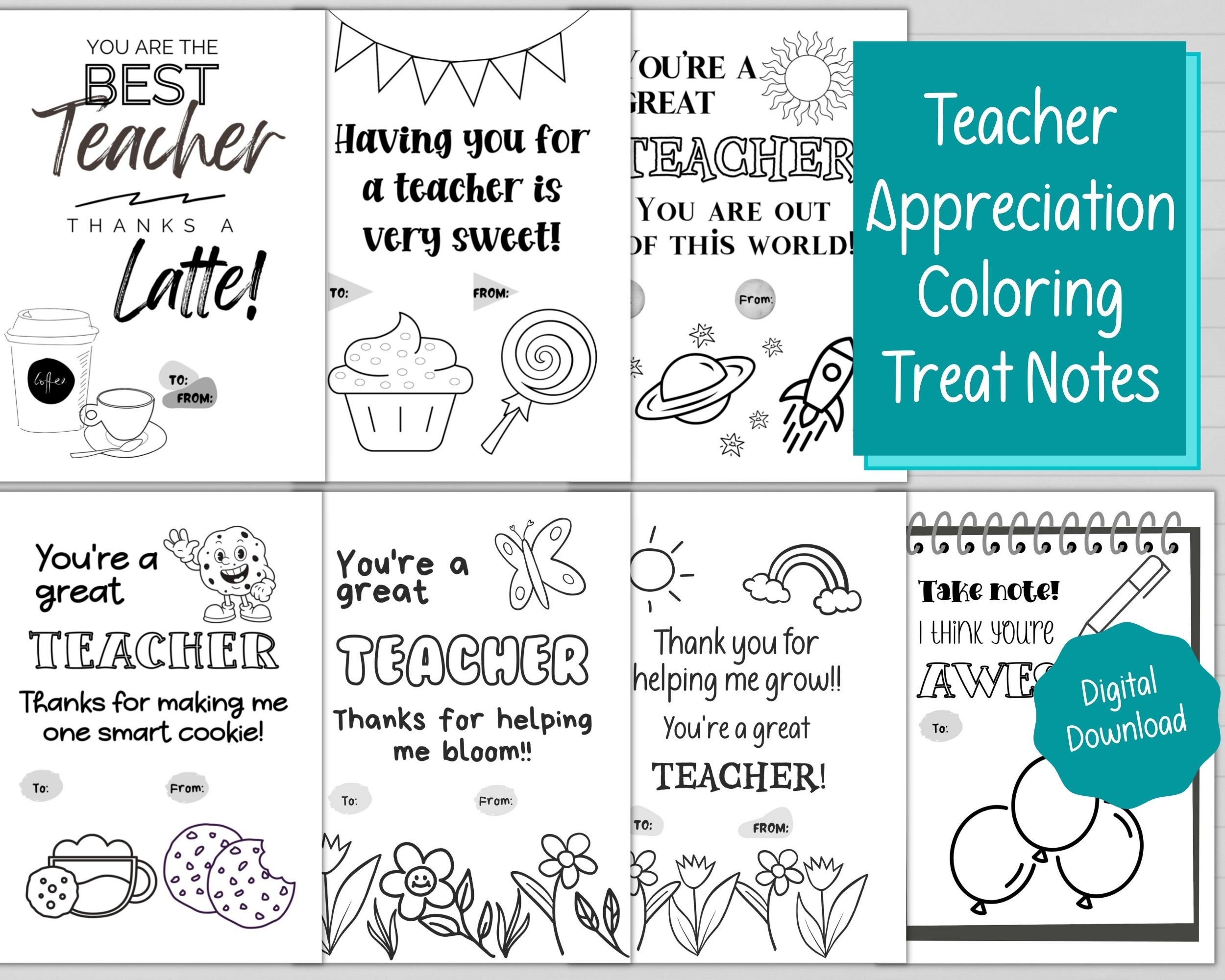 Printable teacher gift coloring card treat notes teacher gift holiday teacher gift teacher appreciation gift last