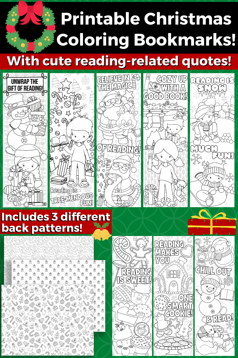 Printable christmas coloring bookmarks about reading