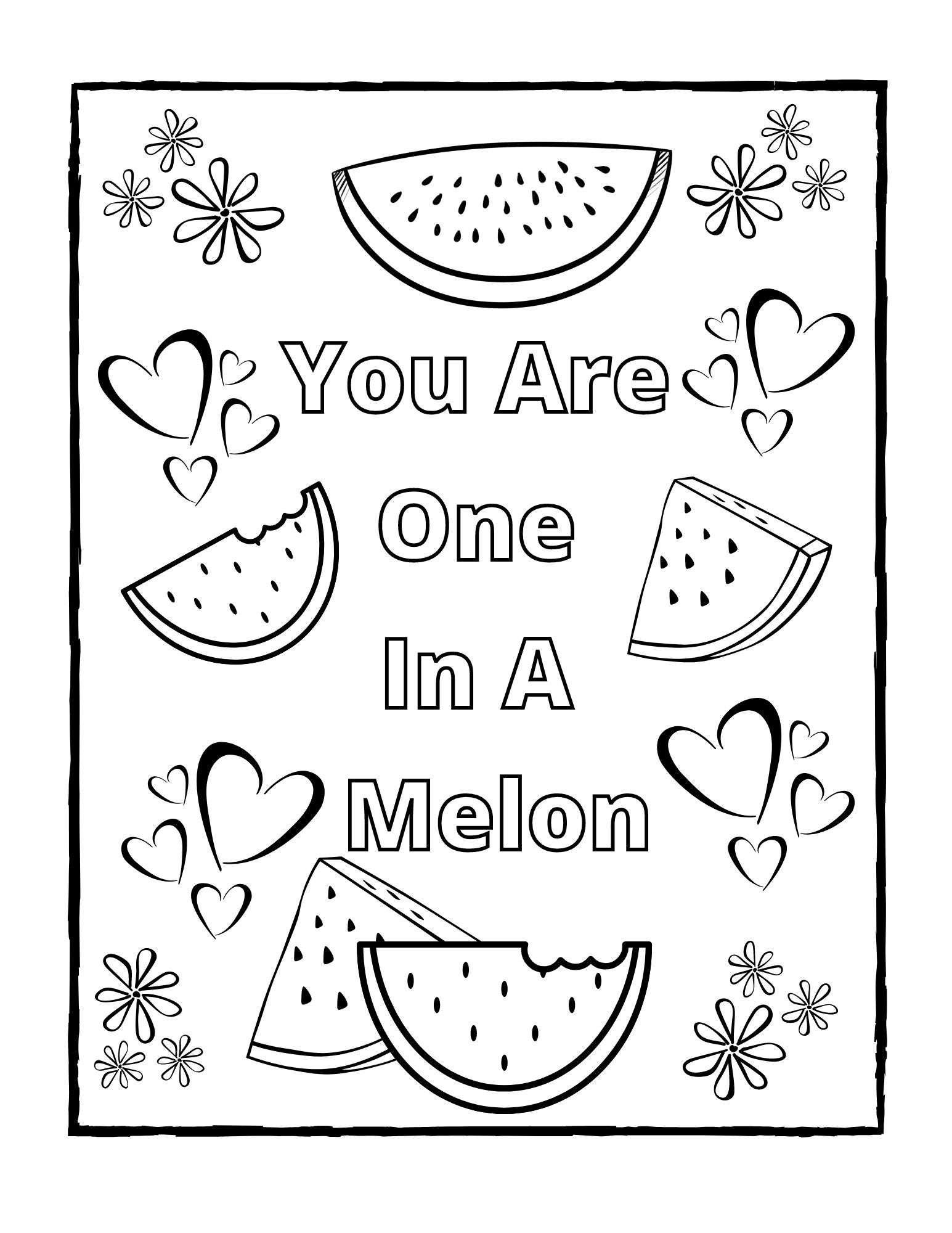 One in a melon food pun valentines coloring book page