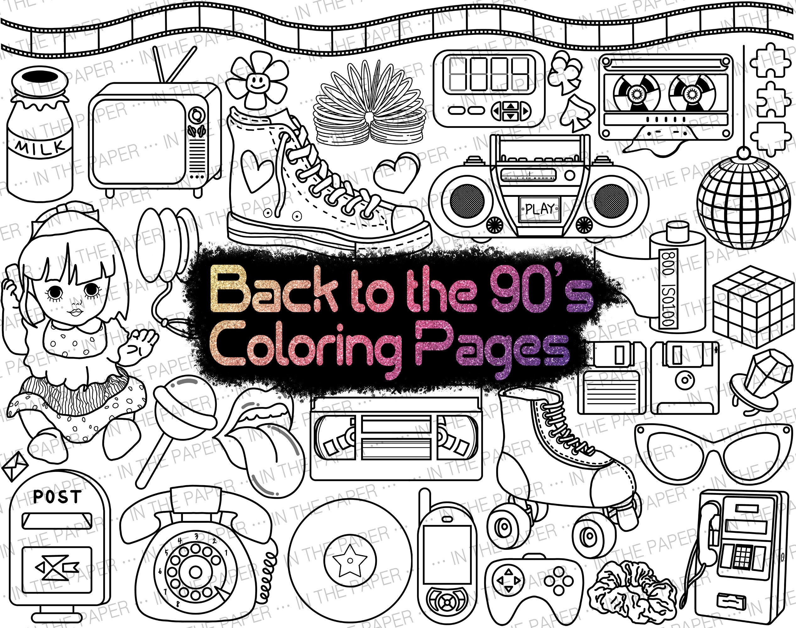 Back to the s coloring page kids for book yk retro s payphone game boy records vintage phone retro doll antique milk bottle