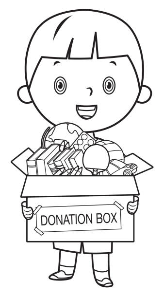 Coloring book boy holding donate box with books pencils and toys stock illustration