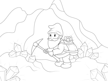 Premium vector a little gnome a miner extracts diamonds in a mine vector page for printable children coloring book