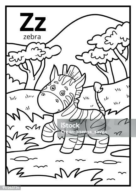 Coloring book colorless alphabet letter z zebra stock illustration