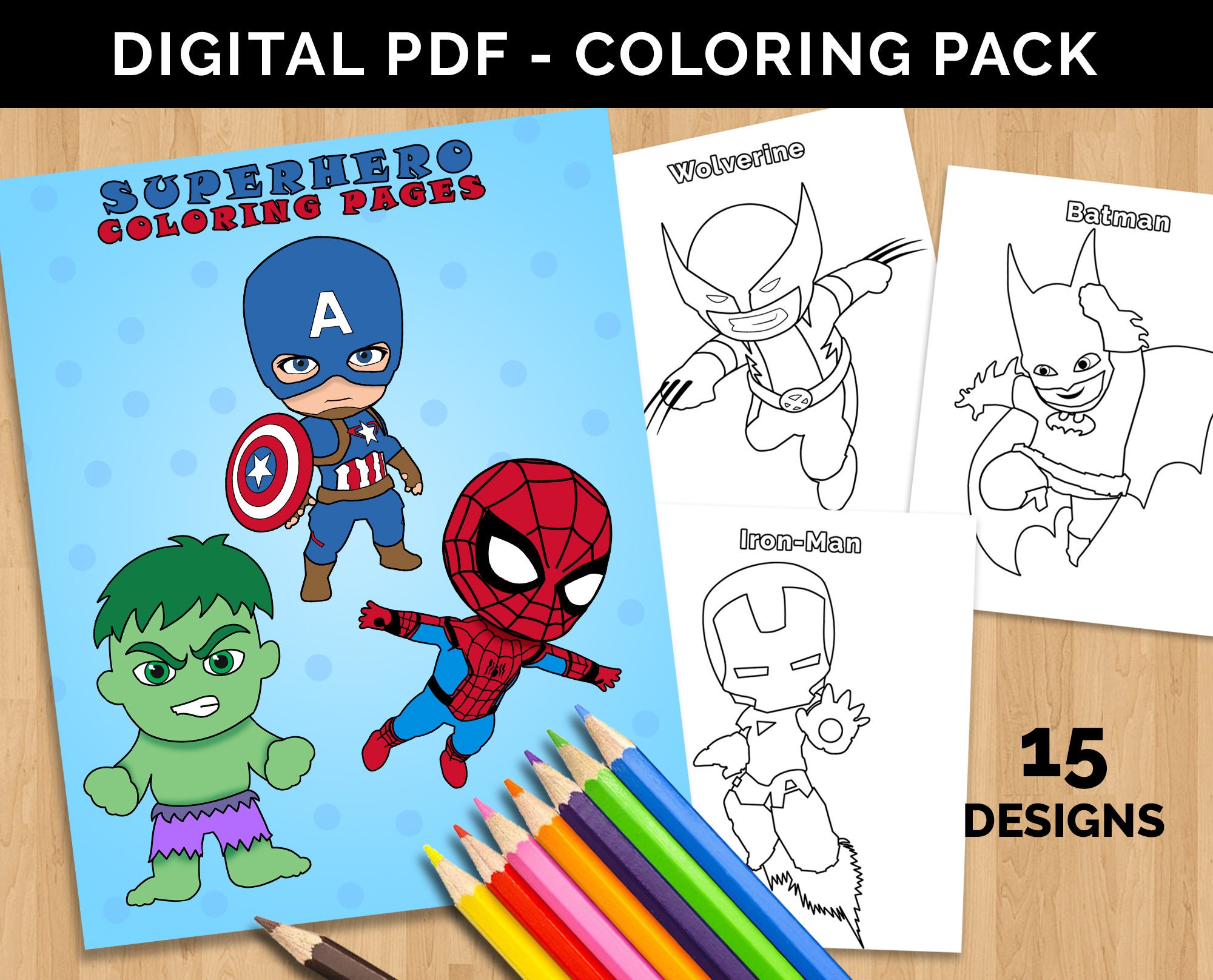 Superhero coloring pages kids super hero coloring book cute printable superhero art digital coloring book party and birthday activities