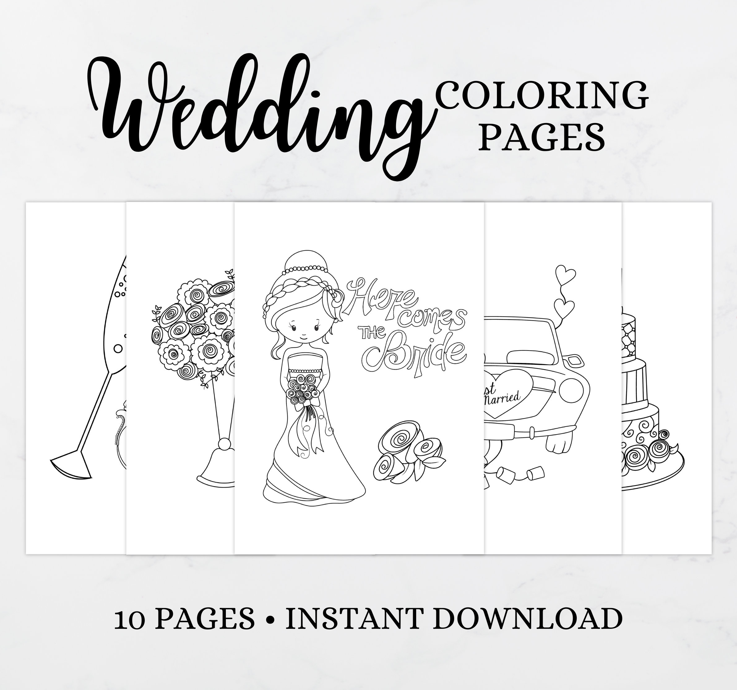 Wedding coloring pages printable activity bride groom guest children kids instant download pdf