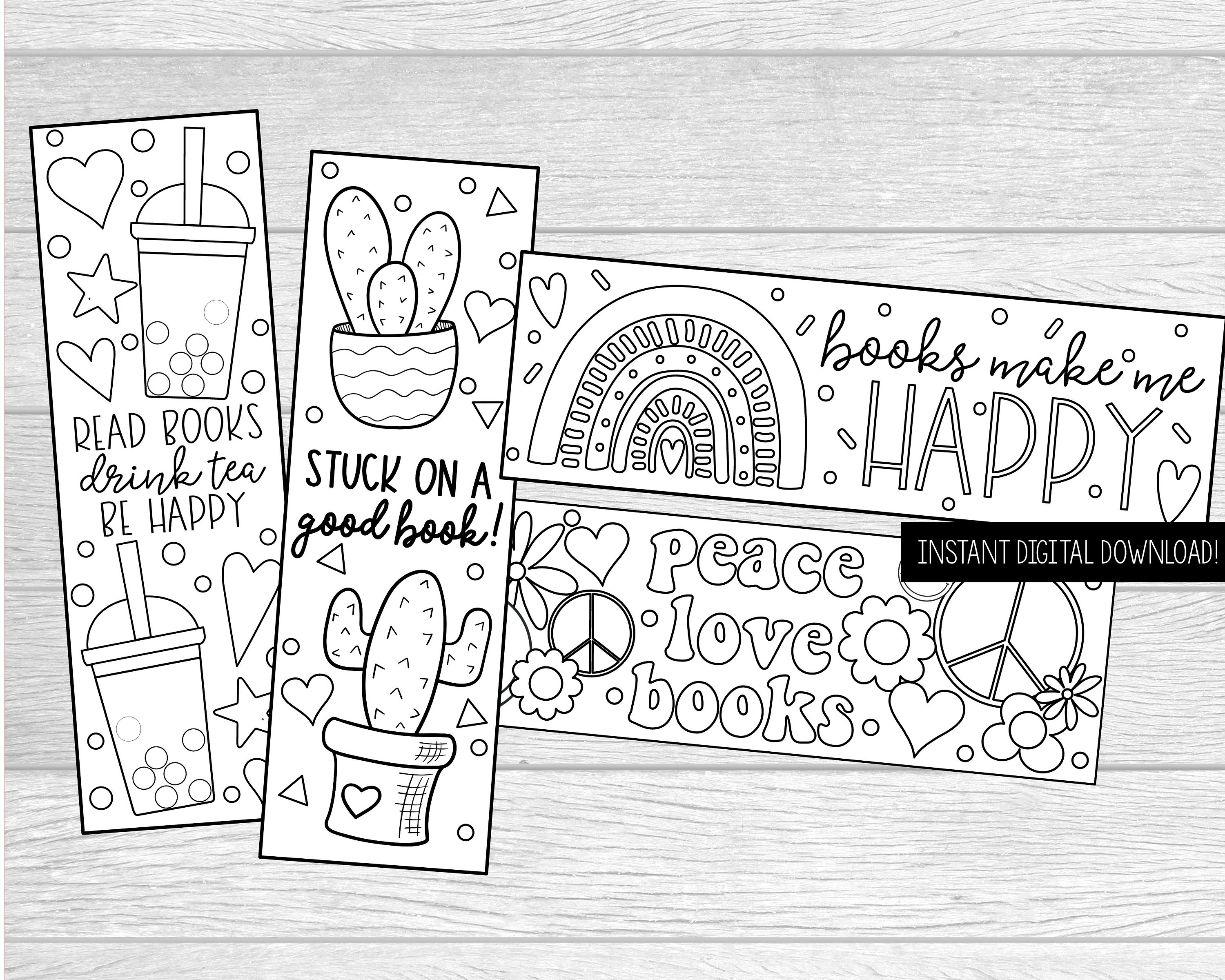 Printable color your own tweenteen bookmarks instant digital download diy coloring bookmarks boba cactus rainbow and peace