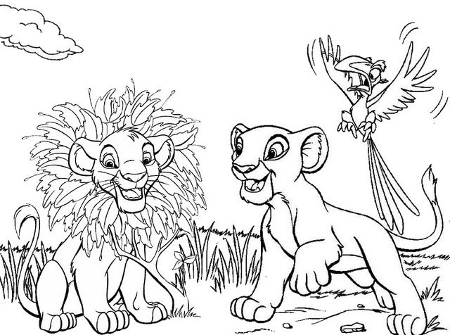 Simba nala and zazu in savana coloring page of the lion king lion coloring pages disney coloring pages simba and nala