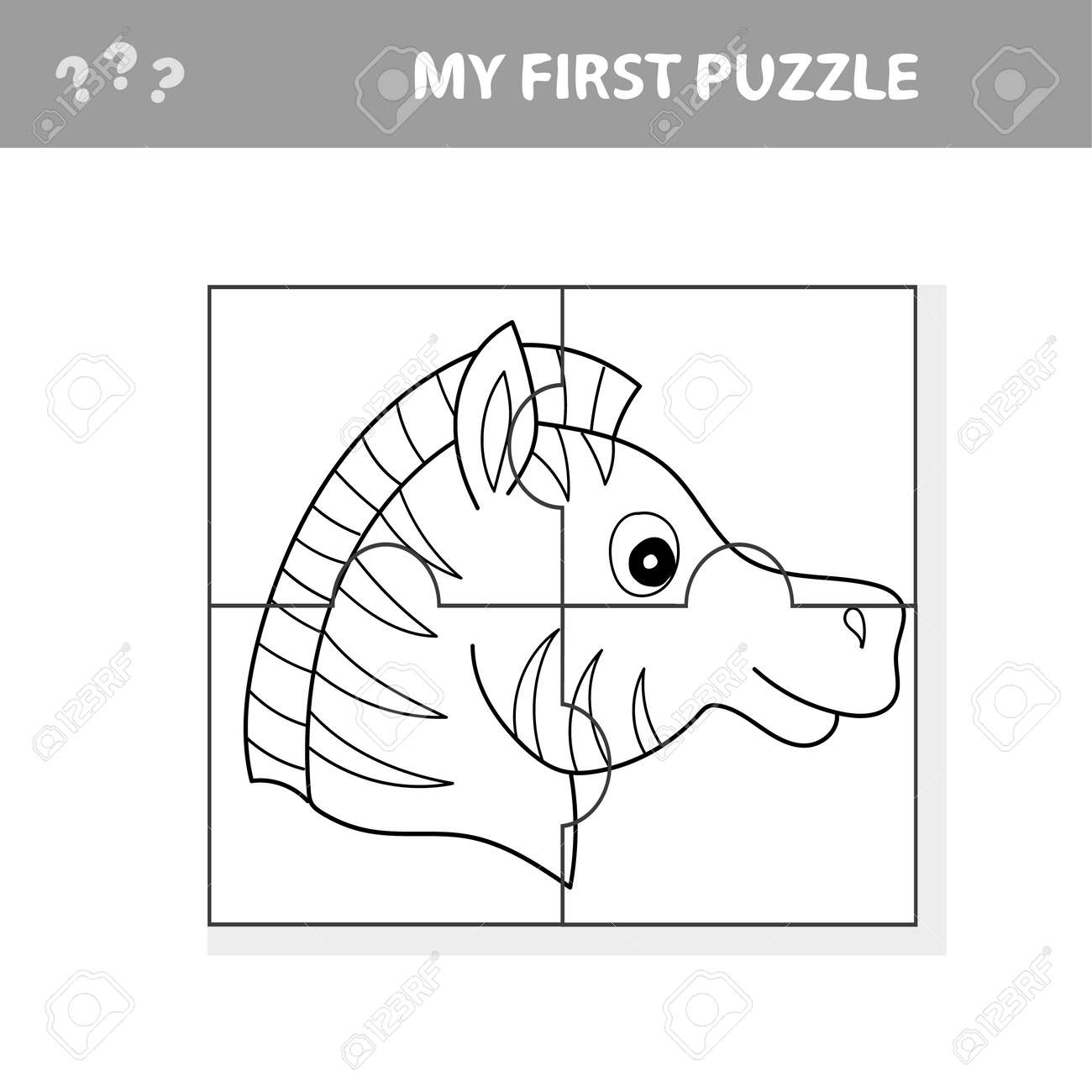 Cartoon illustration of education puzzle game for preschool children with funny zebra