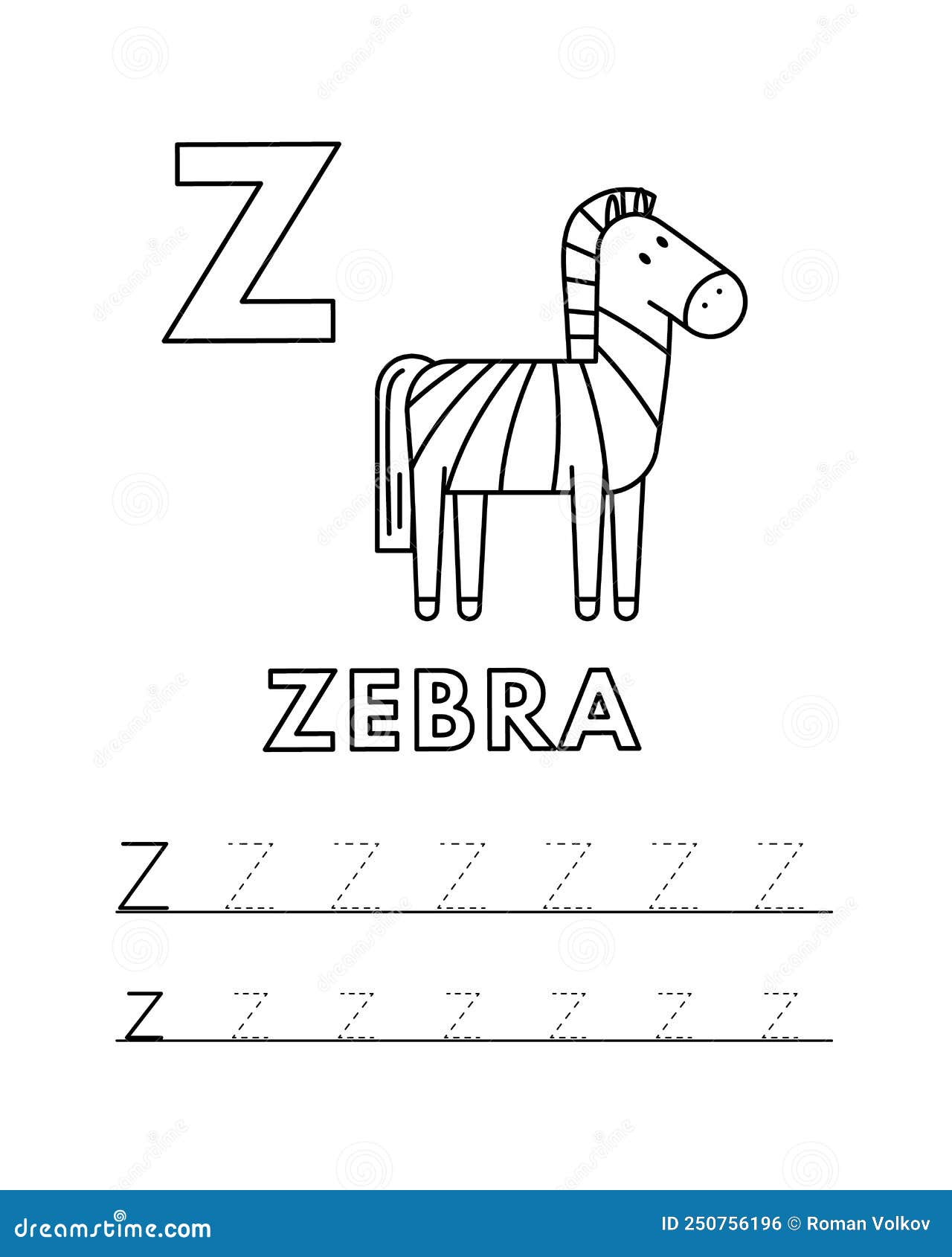 Vector cute cartoon animals alphabet and tracing practice letter z zebra coloring pages stock vector