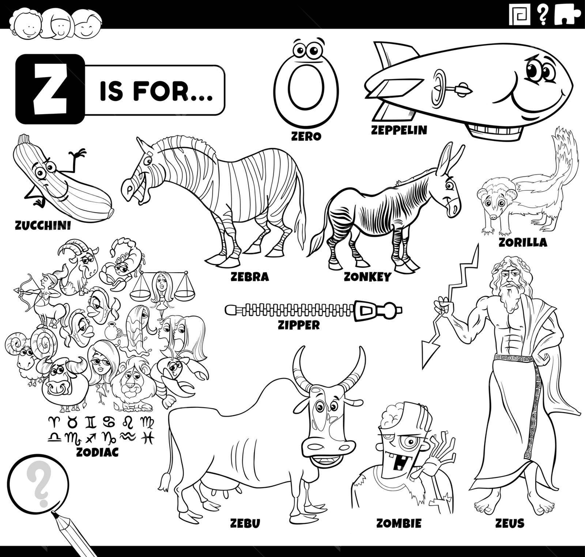 Coloring page set of educational cartoons featuring words beginning with the letter z vector zuccni education objects png and vector with transparent background for free download