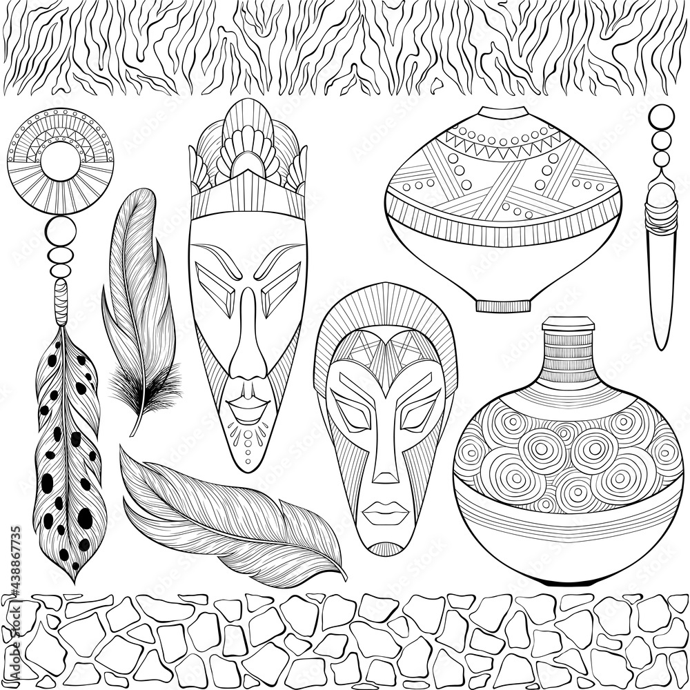 Set of various african ethnic objects jewelry vases wooden masks zebra and giraffe skin border african american tribal aztec style line art hand drawn isolated boho illustration coloring book vector