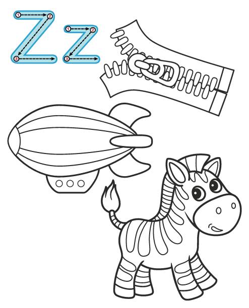 Letter z zebra zipper zeppelin vector coloring book alphabet printable coloring page for kindergarten and preschool stock illustration
