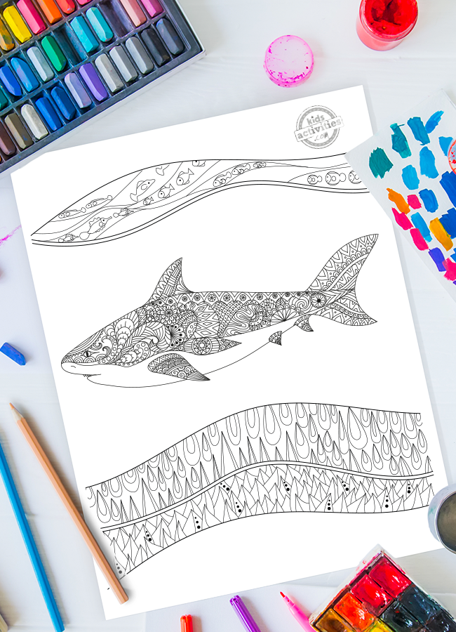 Cool printable shark zentangle coloring page kids activities blog