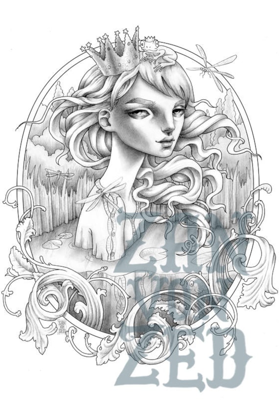 Printable coloring page grayscale frog prince fairytale illustration zan von zed