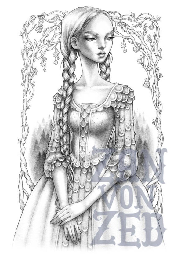 Coloring for adults fairytale illustration grayscale page zan von zed