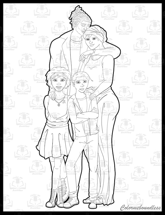 Cute black family of printable coloring page digital download