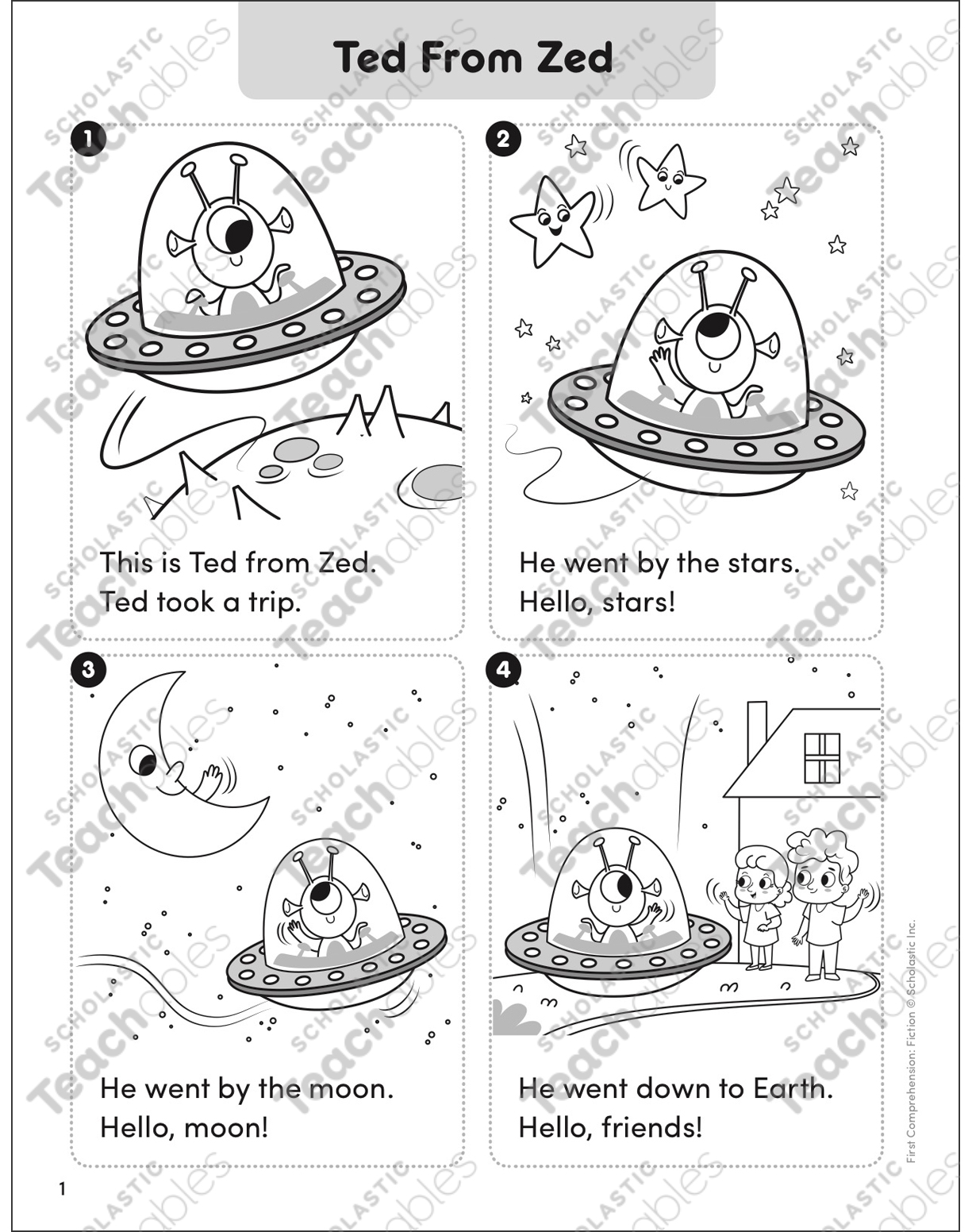 Ted from zed first prehension fiction printable skills sheets