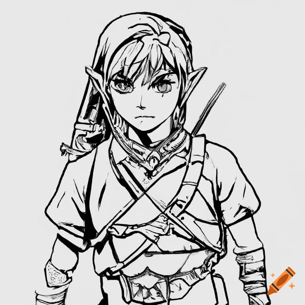 Link holding the master sword in a tattoo style drawing on