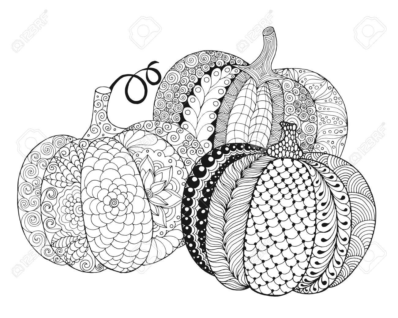 Zentangle stylized pumpkins black white hand drawn vector illustration traditional symbol of thanksgiving halloween autumn sketch for colouring page decoration poster print royalty free svg cliparts vectors and stock illustration image