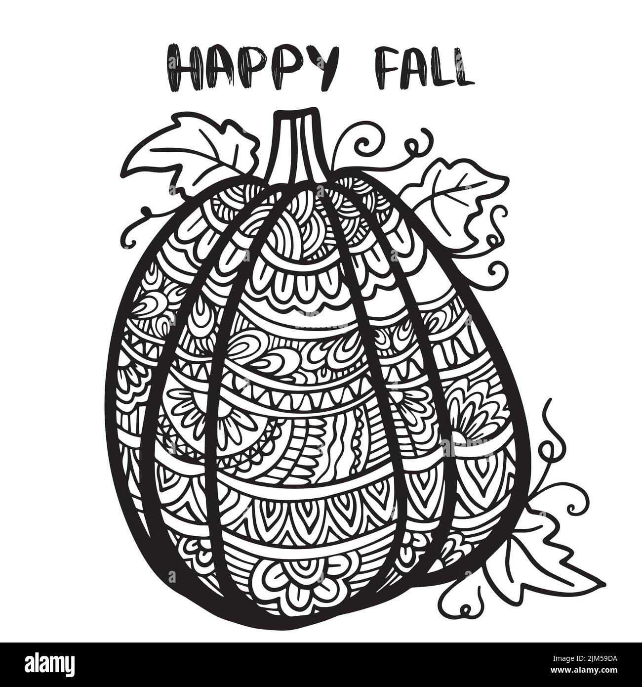 Vector hand drawn illustration of a pumpkin zen doodle and zen tangle autumn drawing with a pattern anti