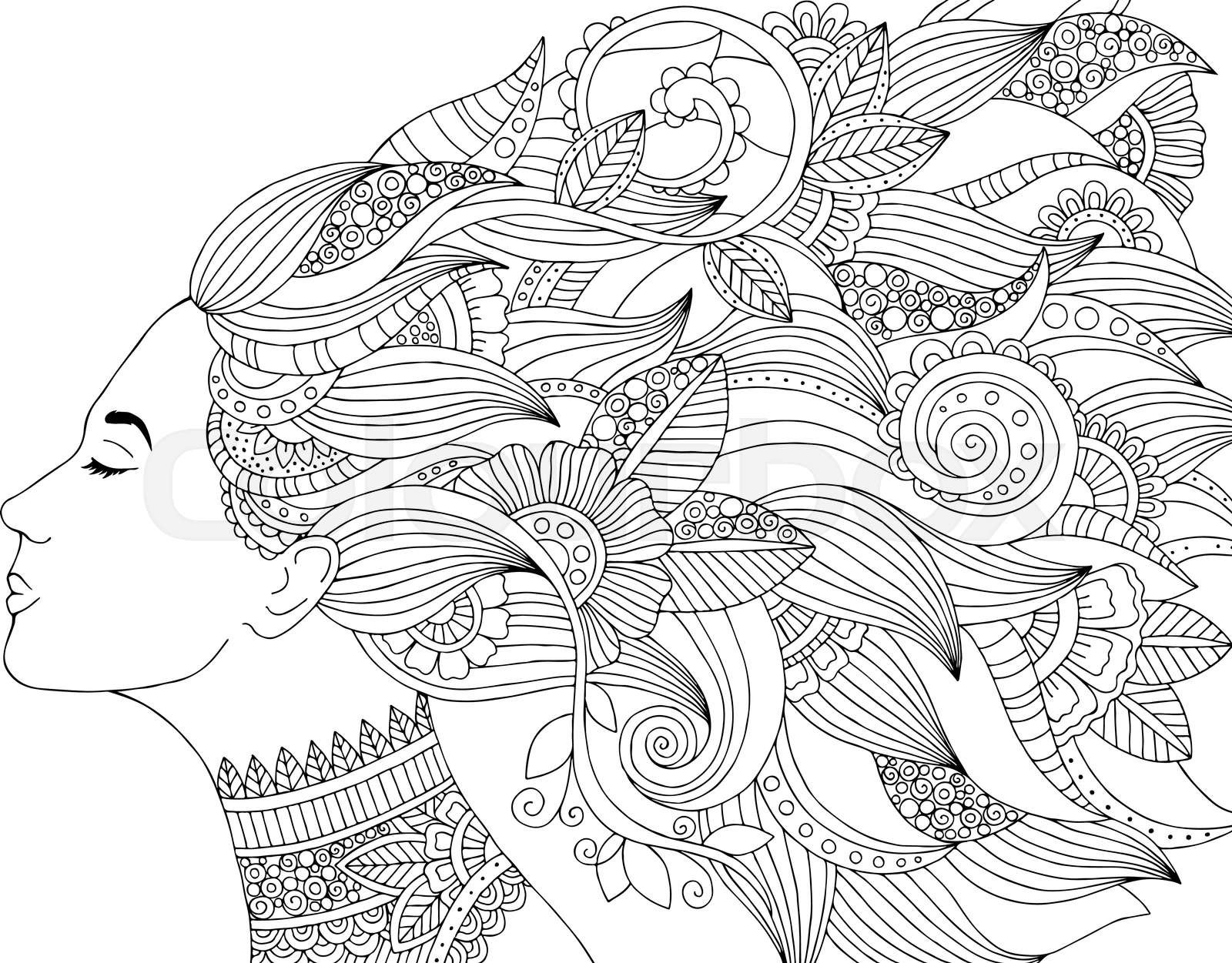 Vector hand drawn illustration woman with floral hair for adult coloring book freehand sketch for adult anti stress coloring book page with doodle and zentangle elements stock vector