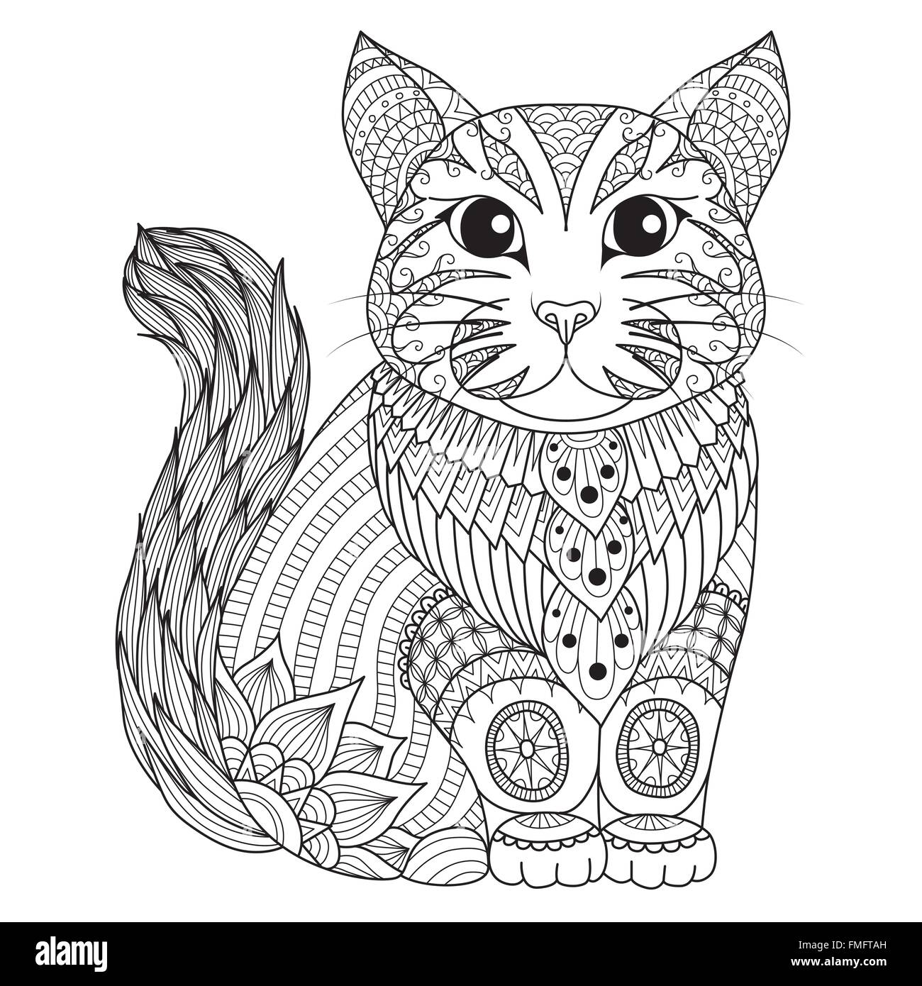 Drawing zentangle cat for coloring page hi