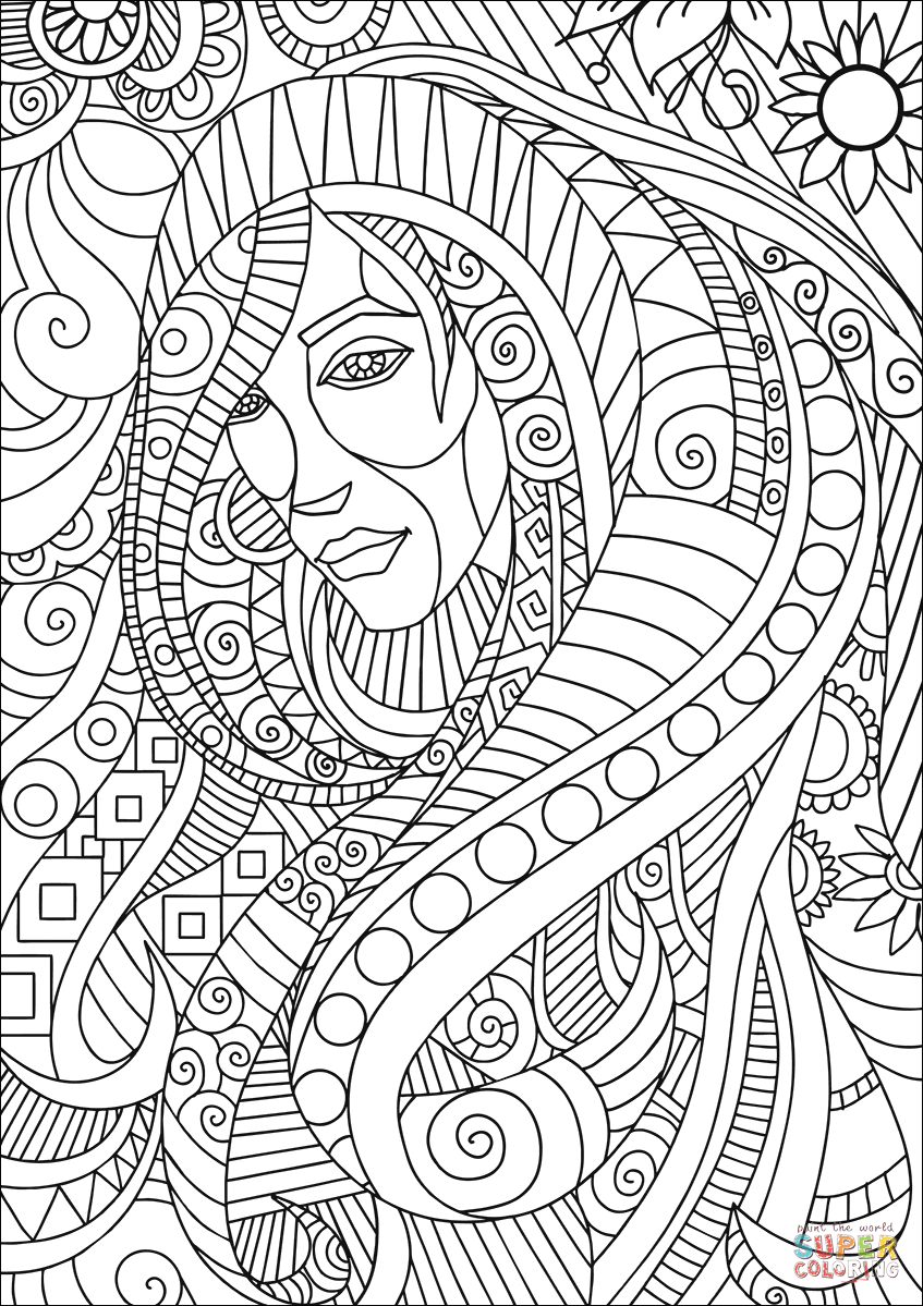 Girl portrait zentangle coloring page free printable coloring pages