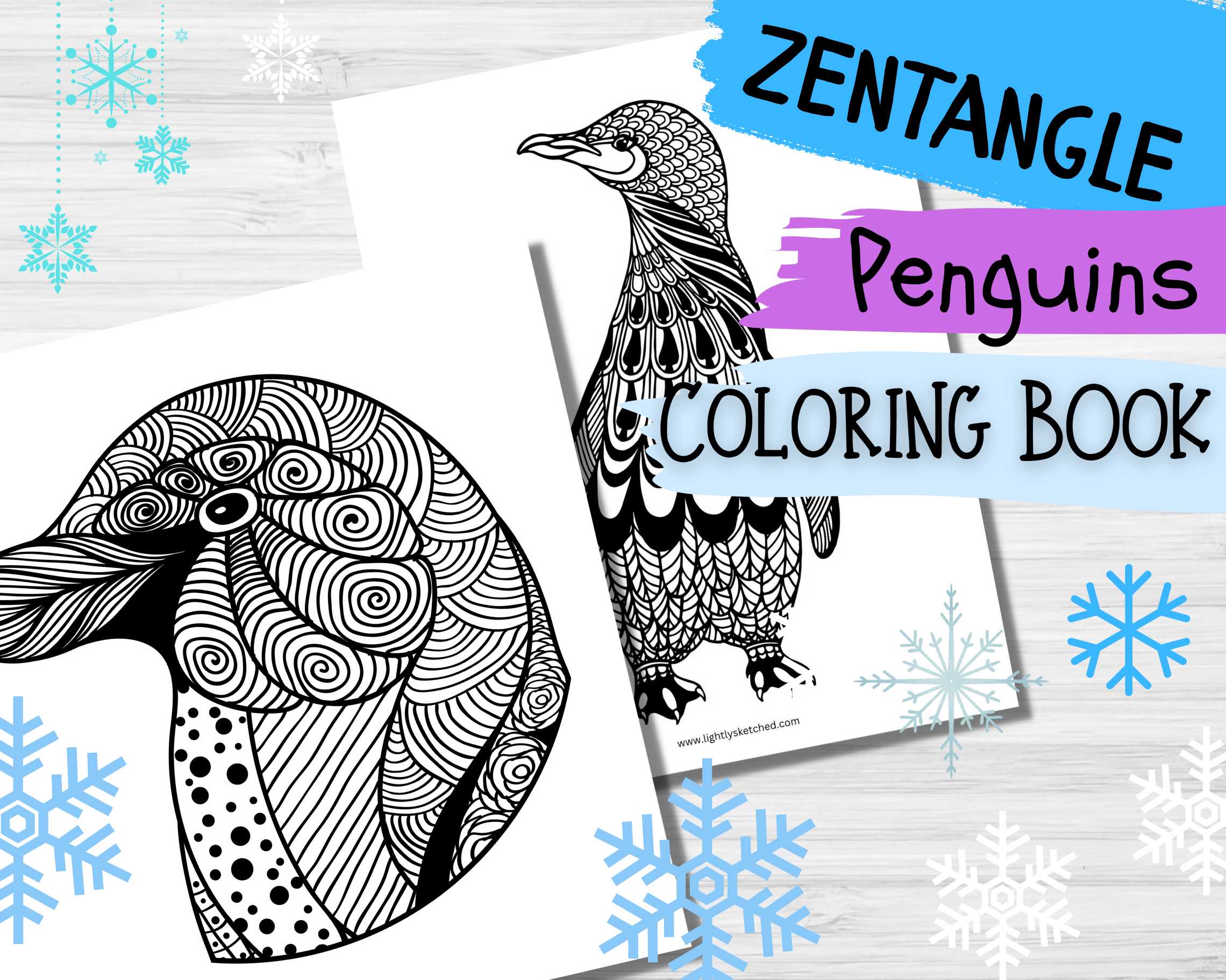 Zentangle penguin coloring pages lightly sketched