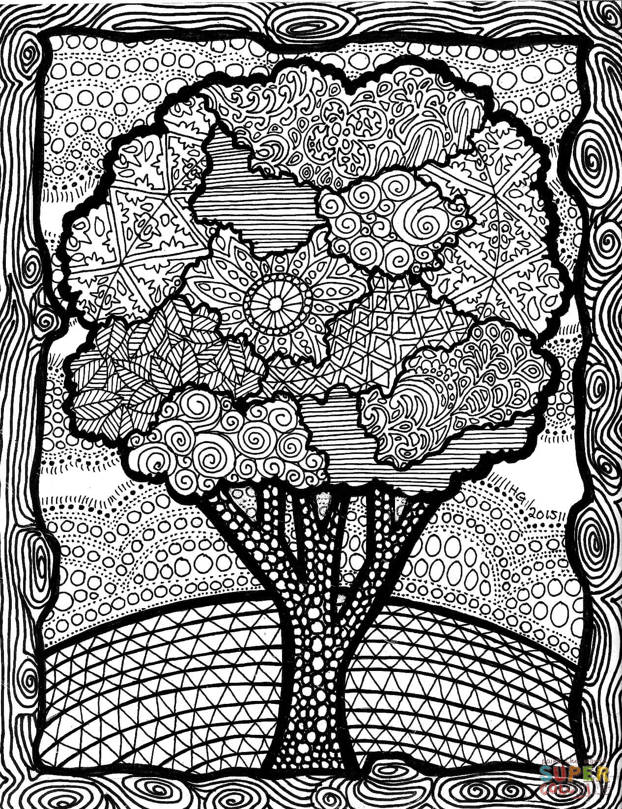 Tree zentangle coloring page free printable coloring pages