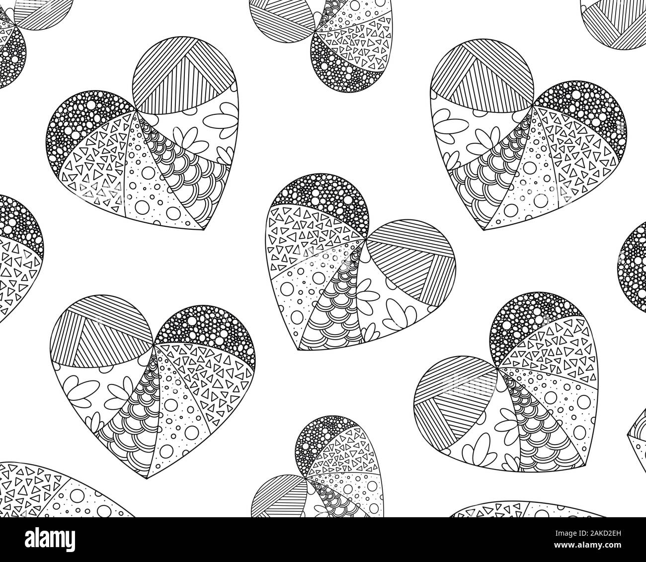 Coloring of many hearts from zentangle patterns application in printed materials creating coloring pages for children and adultsvalentines day stock photo