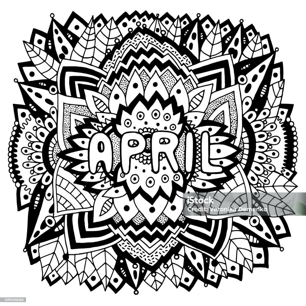 April coloring page for adults mandala with months of the year calendar coloring book zentangle style art therapy coloring sheet vector illustration stock illustration