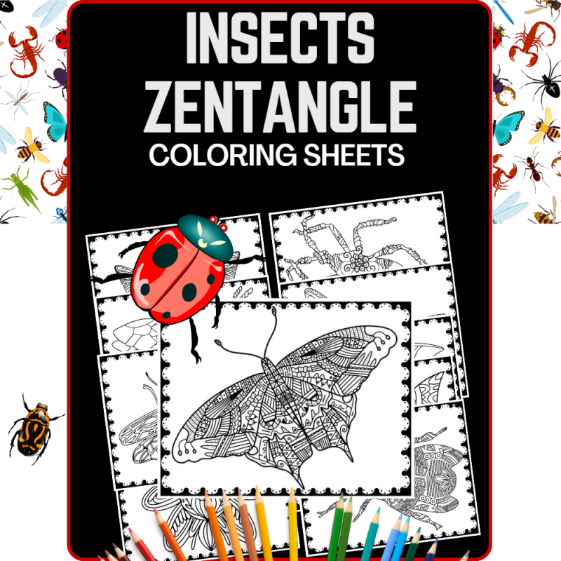 Zentangle insect bugs coloring sheets