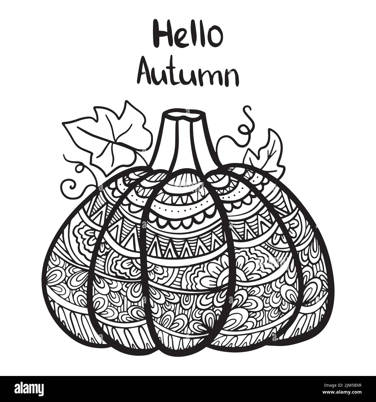 Vector hand drawn illustration of a pumpkin zen doodle and zen tangle autumn drawing with a pattern anti