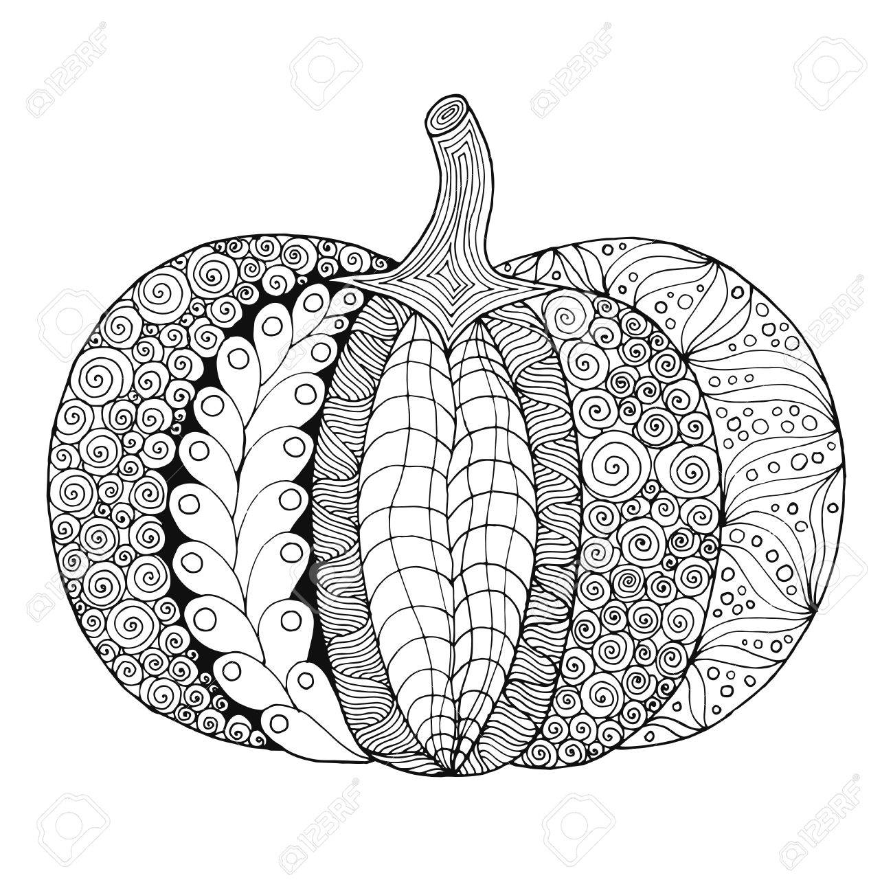 Zentangle stylized pumpkin black white hand drawn vector illustration traditional symbol of thanksgiving halloween autumn sketch for colouring page decoration poster print royalty free svg cliparts vectors and stock illustration image