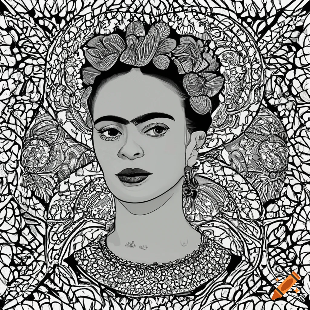 Generate a black and white zentangle coloring book style portrait of frida kahlo incorporating elements like flowers plants and her iconic unibrow on