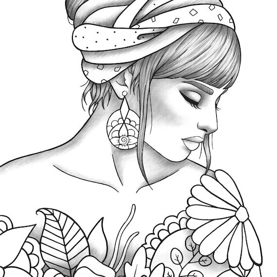 Printable coloring page girl portrait and clothes colouring sheet fashion pdf adult anti