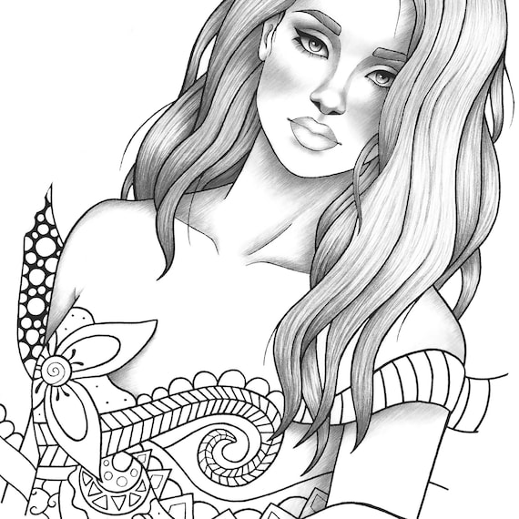 Adult coloring page fantasy girl portrait and clothes colouring sheet fairytale pdf printable anti