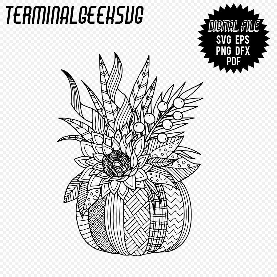 Harvest pumpkin zentangle mandala svg png pdf eps dxf cricut silhouette sublimation adult coloring page