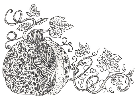 Fairy doodle tungle pumpkin black and white monochrome background pumpkin and leaves zentangle coloring book page stock illustration