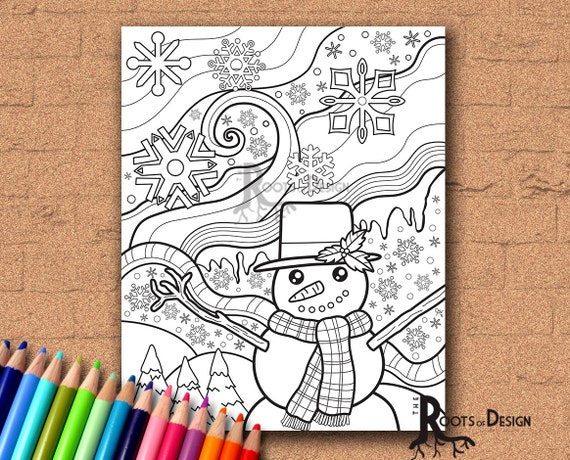 Instant download coloring page snowman doodle zendoodle inspired art print printable