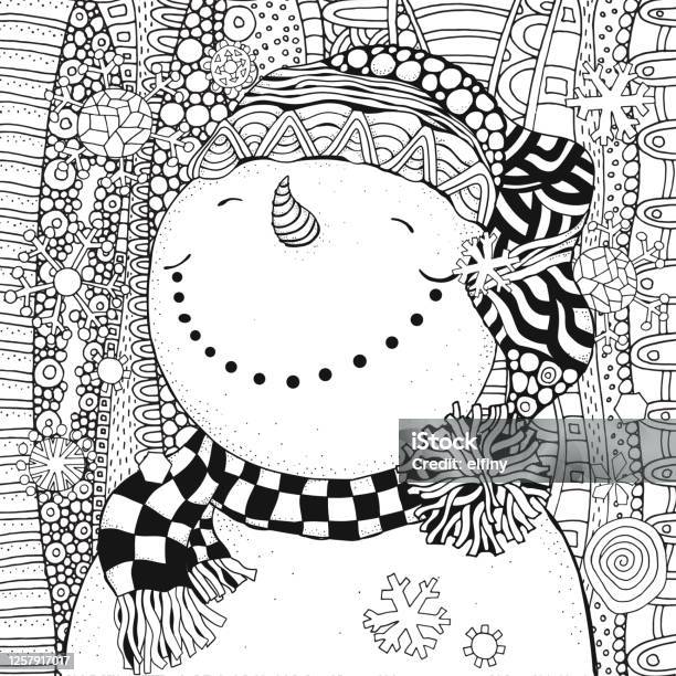 Cheerful snowman winter snow sled carrot merry christmas happy new year the pattern for adult coloring book black and white stock illustration