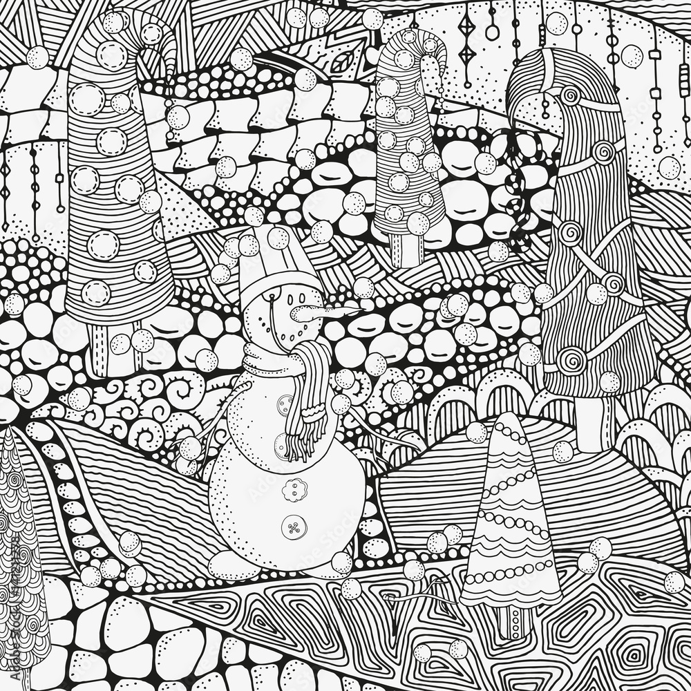 Artistically winter christmas ethnic pattern with snowman and xmas trees pattern for coloring book vector hand