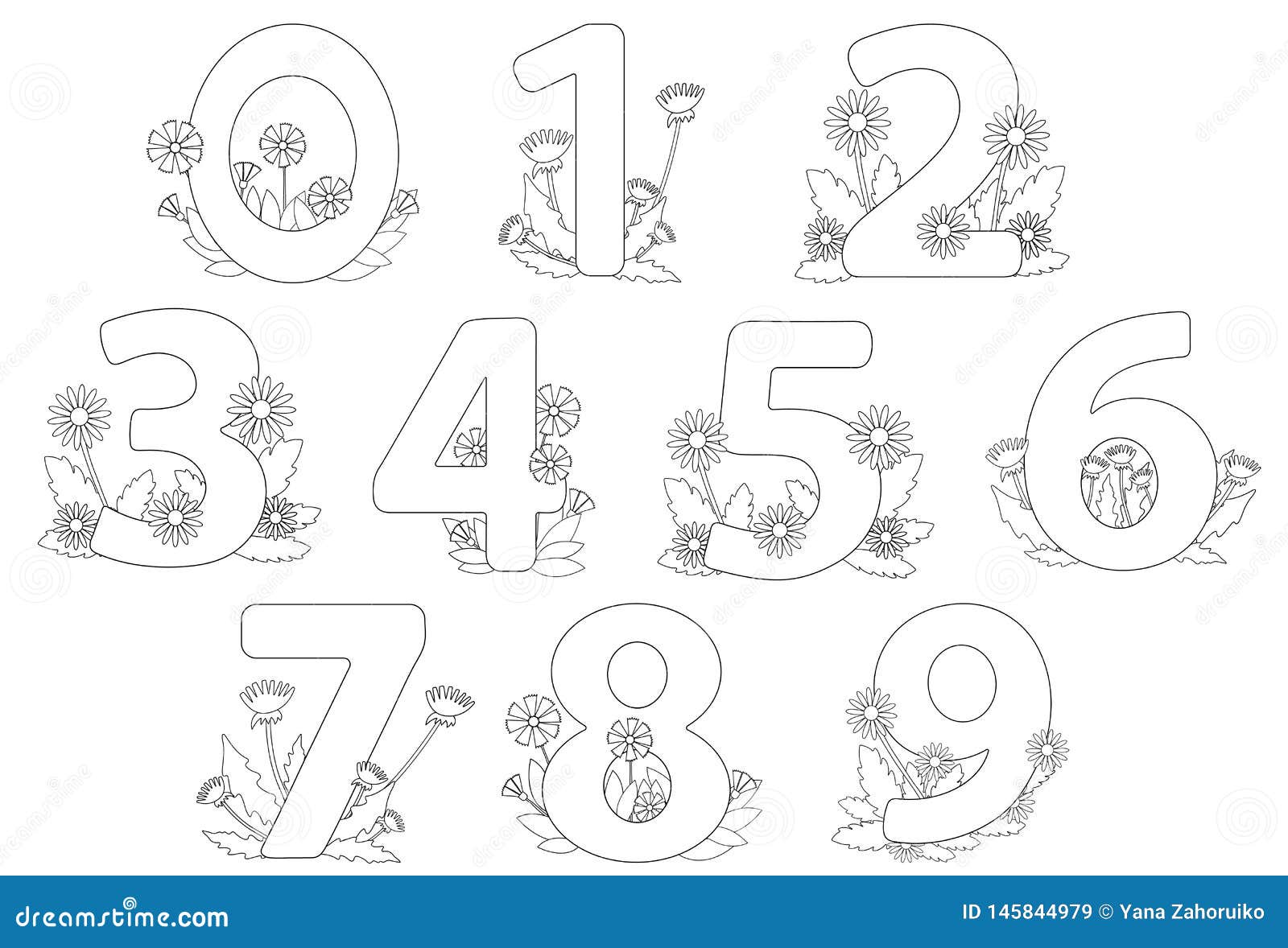 Numbers from zero to nine with flowers leaves and butterfly coloring pages stock vector