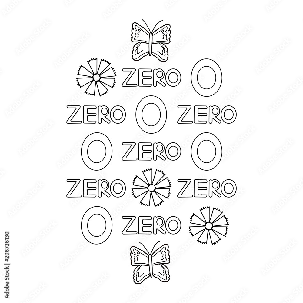Numeral and word zero butterfly flowers coloring page vector