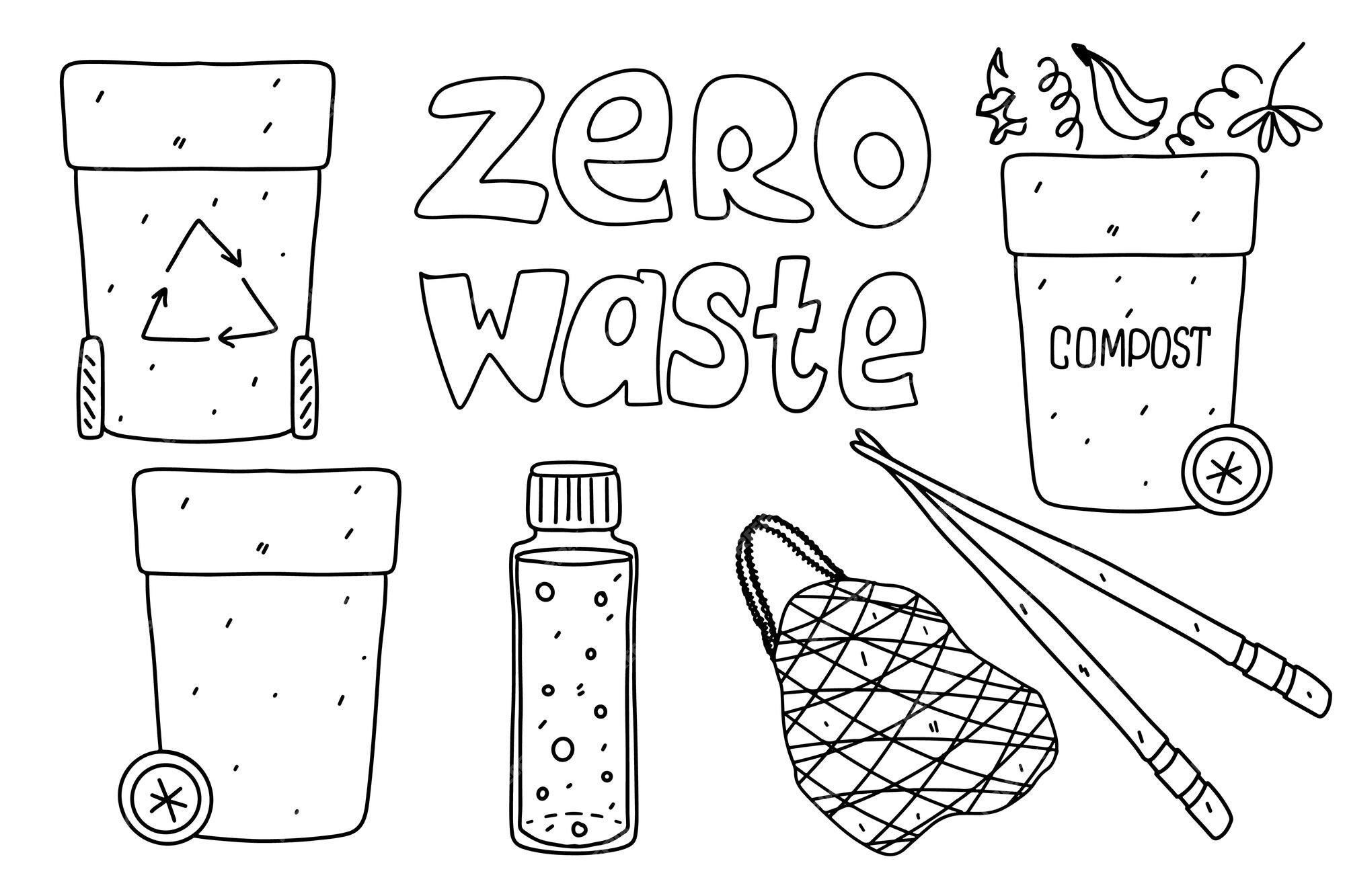 Premium vector zero waste set hand drawn doodle style vector illustration isolated on white coloring page