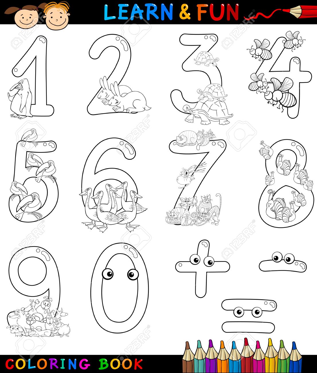 Cartoon coloring book or page illustration of numbers signs from zero to nine with animals characters for children education and fun royalty free svg cliparts vectors and stock illustration image