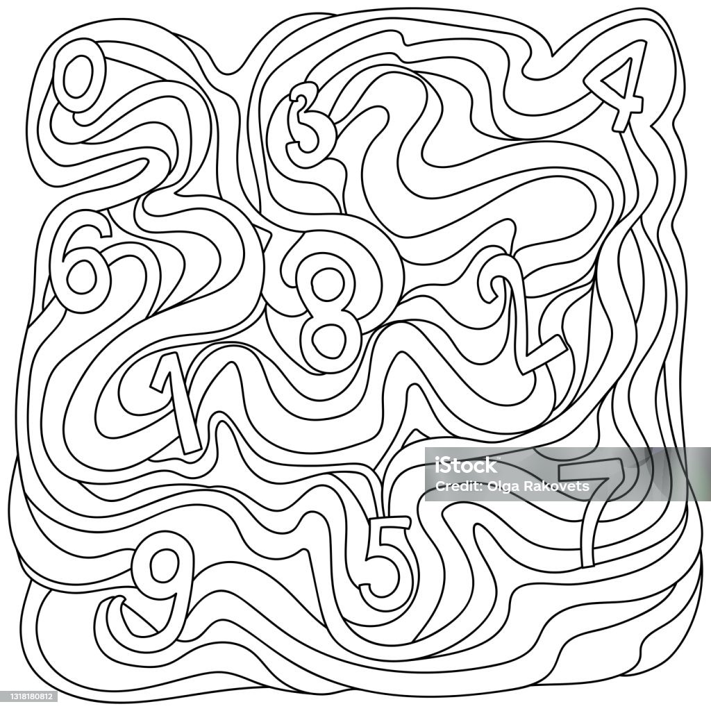 Learning numbers coloring page confusion with waves and numbers from zero to nine outline vector illustration stock illustration